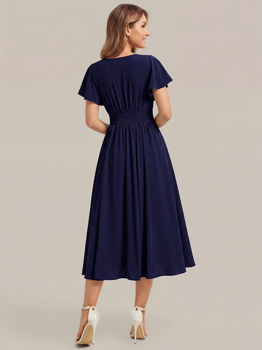 robe midi à manches courtes en V sans élasthanne avec des manches volantes #Couleur_Bleu Marine