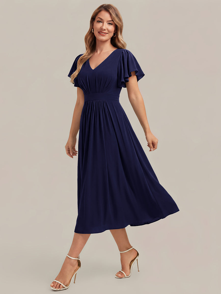 robe midi à manches courtes en V sans élasthanne avec des manches volantes #Couleur_Bleu Marine