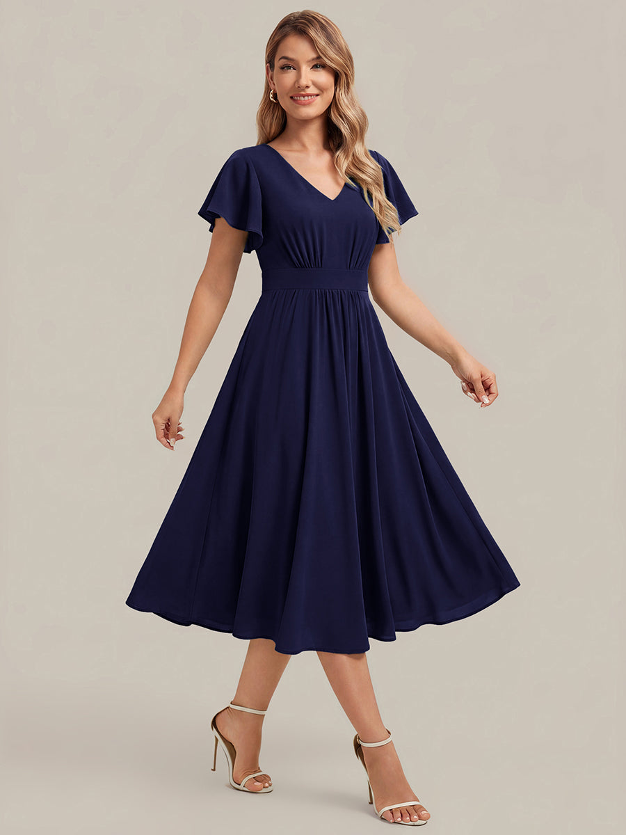 robe midi à manches courtes en V sans élasthanne avec des manches volantes #Couleur_Bleu Marine
