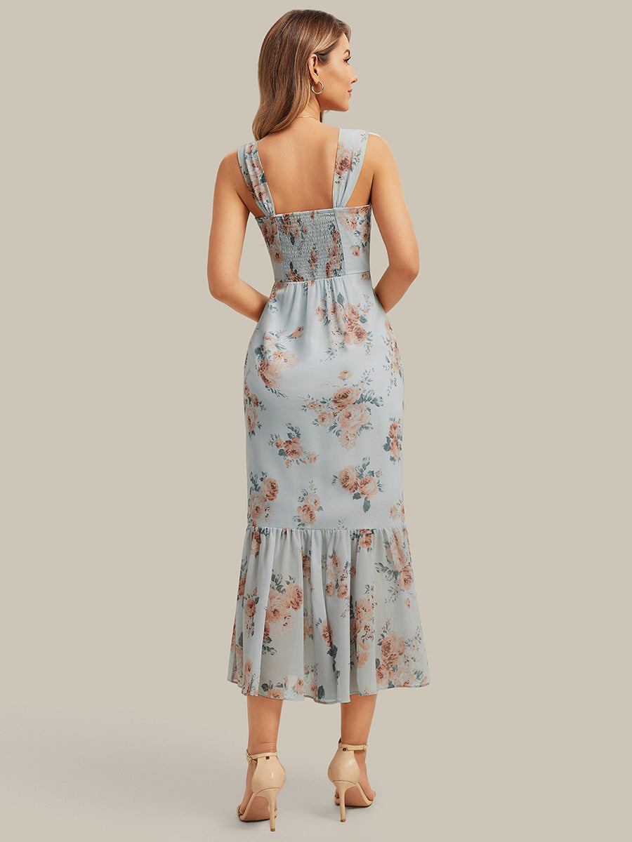 Robe midi sirène sans manches à décolleté en cœur avec corset à imprimé floral plissé #Couleur_Floraison Ambrée