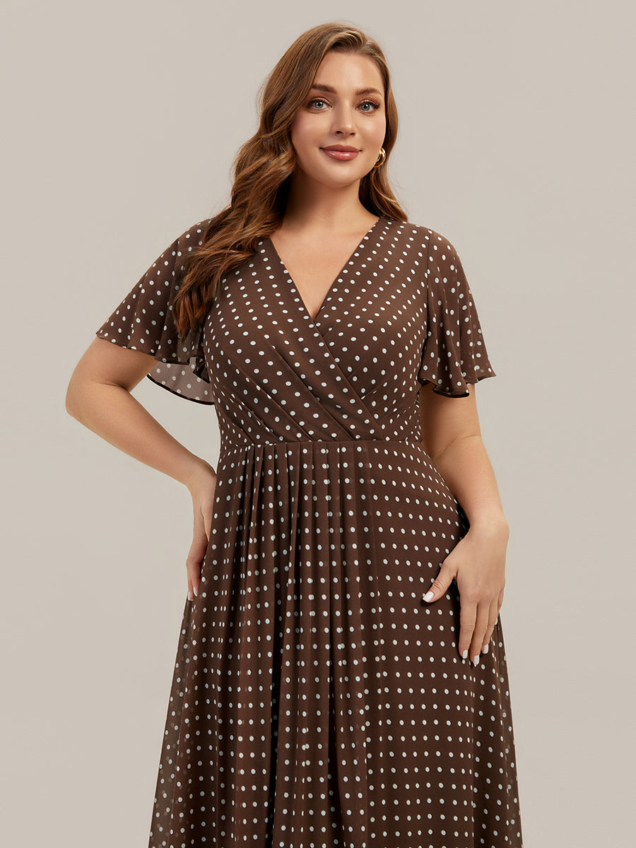 robe à volants à pois à manches courtes décolleté en V asymétrique A-line #Couleur_Pois Marrons