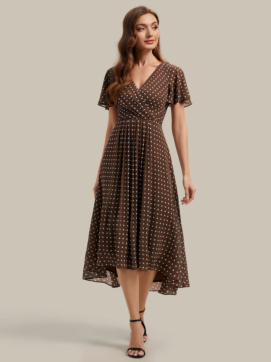 robe à volants à pois à manches courtes décolleté en V asymétrique A-line #Couleur_Pois Marrons