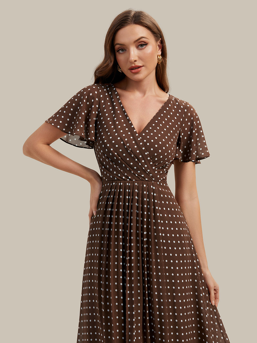 robe à volants à pois à manches courtes décolleté en V asymétrique A-line #Couleur_Pois Marrons
