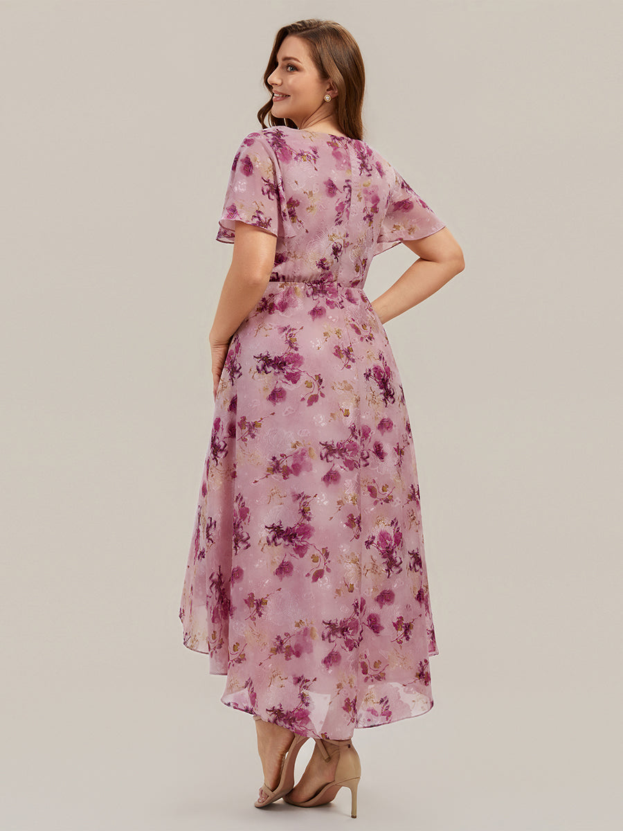 robe à volants à pois à manches courtes décolleté en V asymétrique A-line #Couleur_Imprimé lilas clair