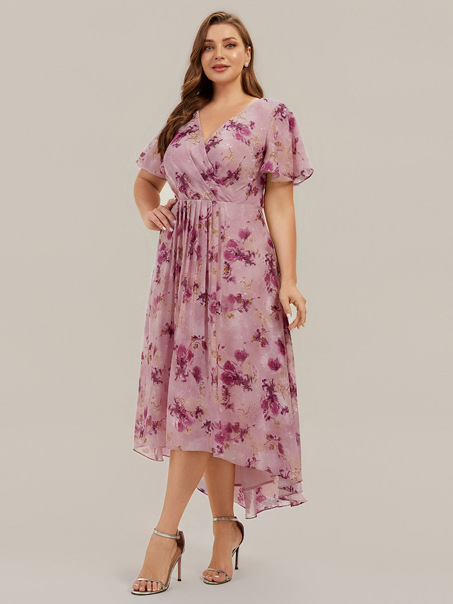 robe à volants à pois à manches courtes décolleté en V asymétrique A-line #Couleur_Imprimé lilas clair