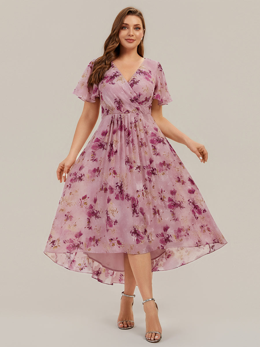robe à volants à pois à manches courtes décolleté en V asymétrique A-line #Couleur_Imprimé lilas clair