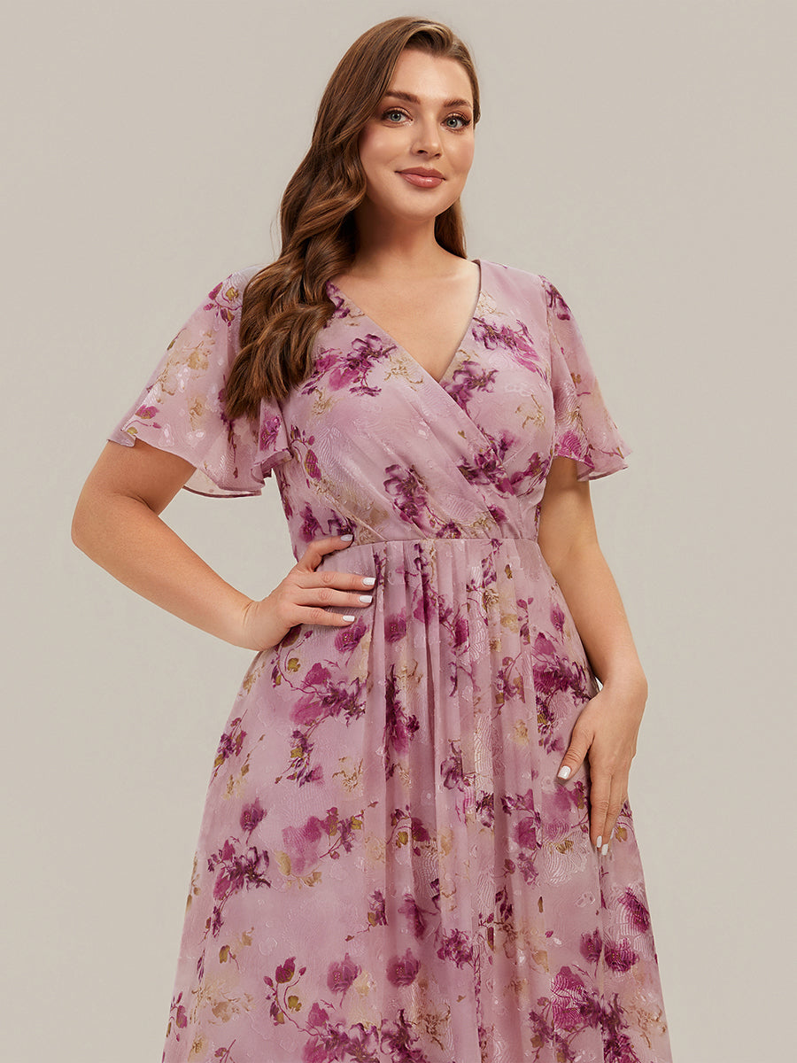 robe à volants à pois à manches courtes décolleté en V asymétrique A-line #Couleur_Imprimé lilas clair