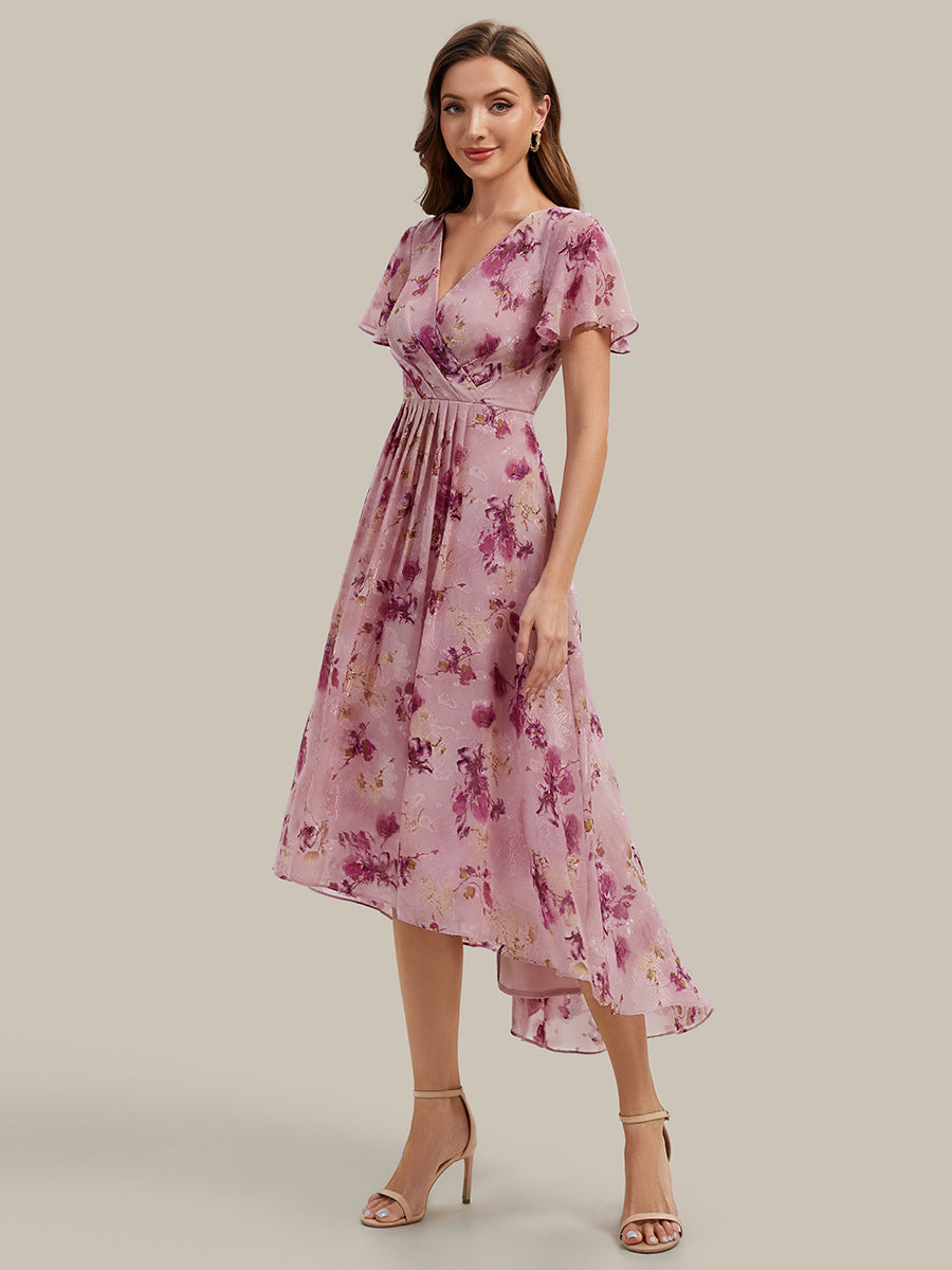 robe à volants à pois à manches courtes décolleté en V asymétrique A-line #Couleur_Imprimé lilas clair