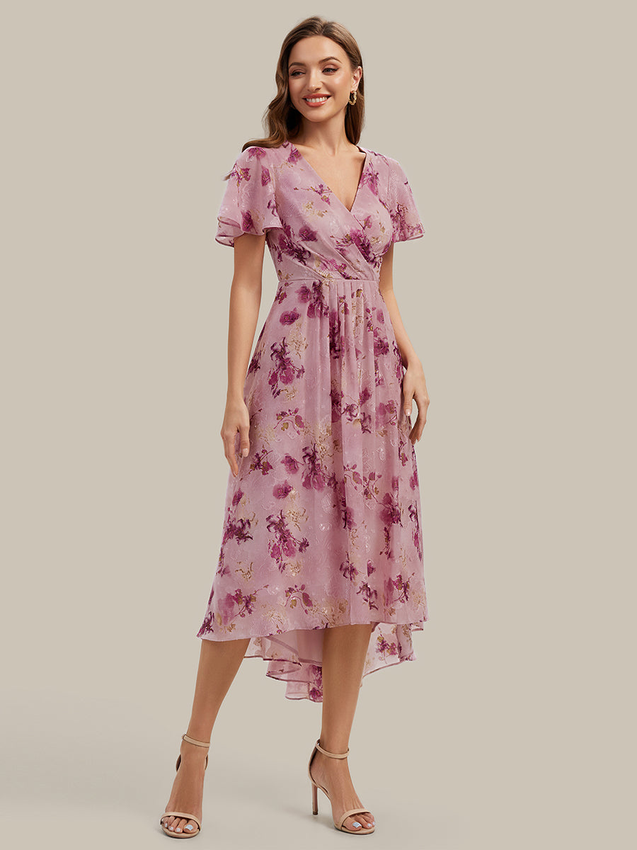 robe à volants à pois à manches courtes décolleté en V asymétrique A-line #Couleur_Imprimé lilas clair