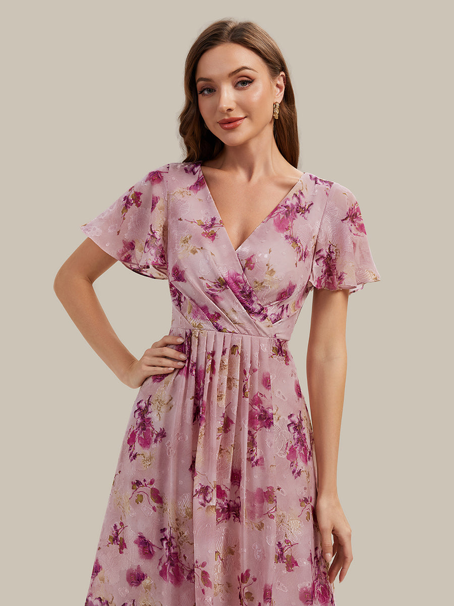 robe à volants à pois à manches courtes décolleté en V asymétrique A-line #Couleur_Imprimé lilas clair