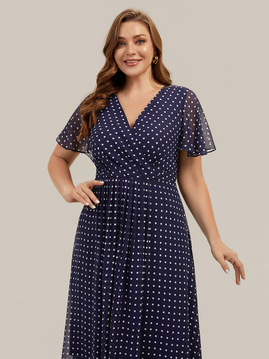 robe à volants à pois à manches courtes décolleté en V asymétrique A-line #Couleur_Pois Noirs