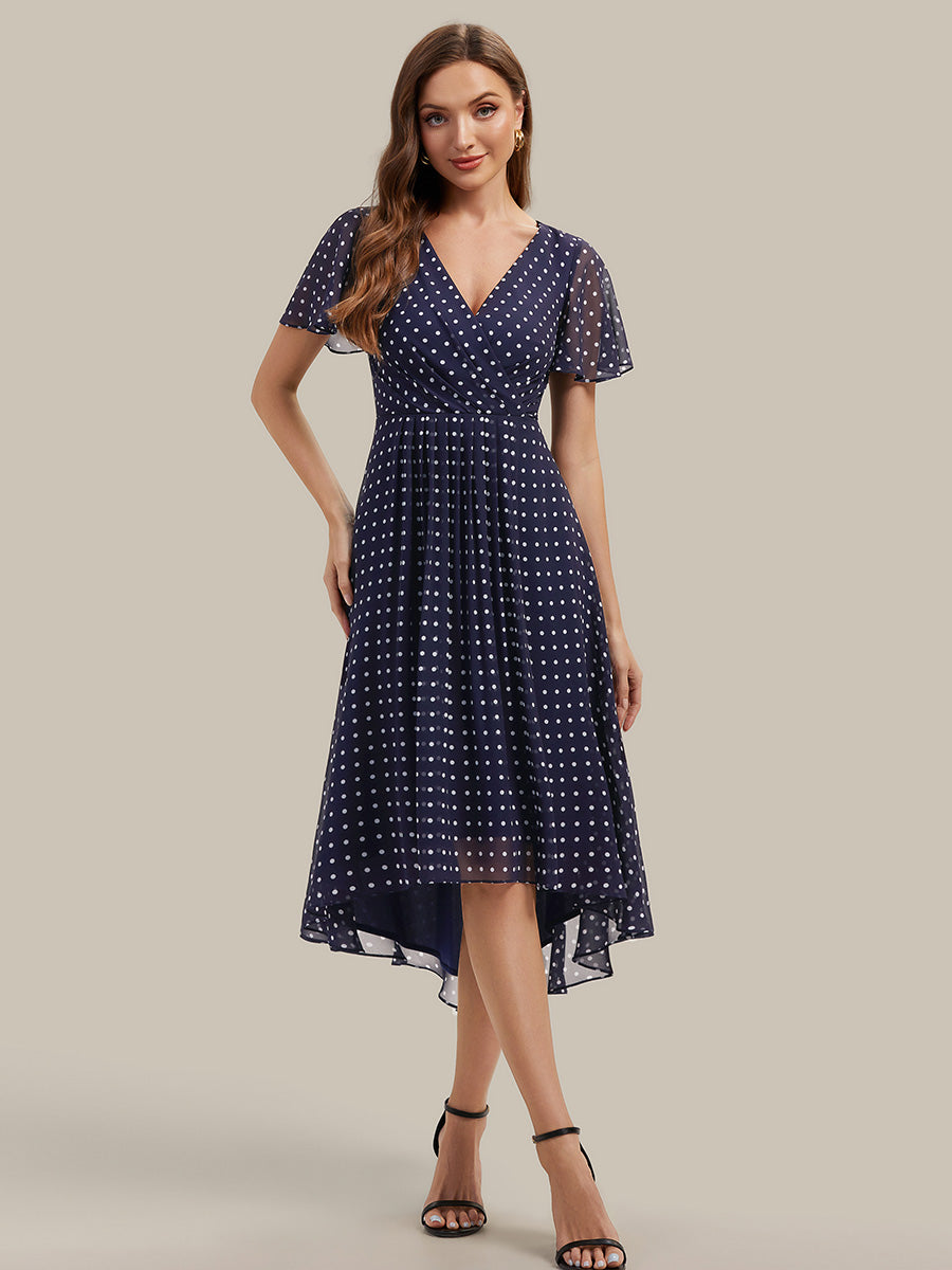 robe à volants à pois à manches courtes décolleté en V asymétrique A-line #Couleur_Pois Noirs