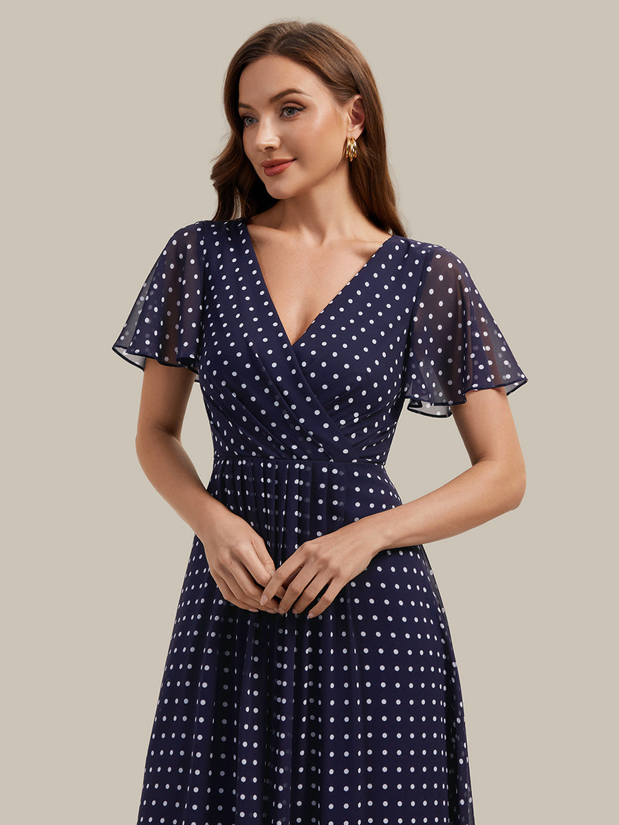 robe à volants à pois à manches courtes décolleté en V asymétrique A-line #Couleur_Pois Noirs