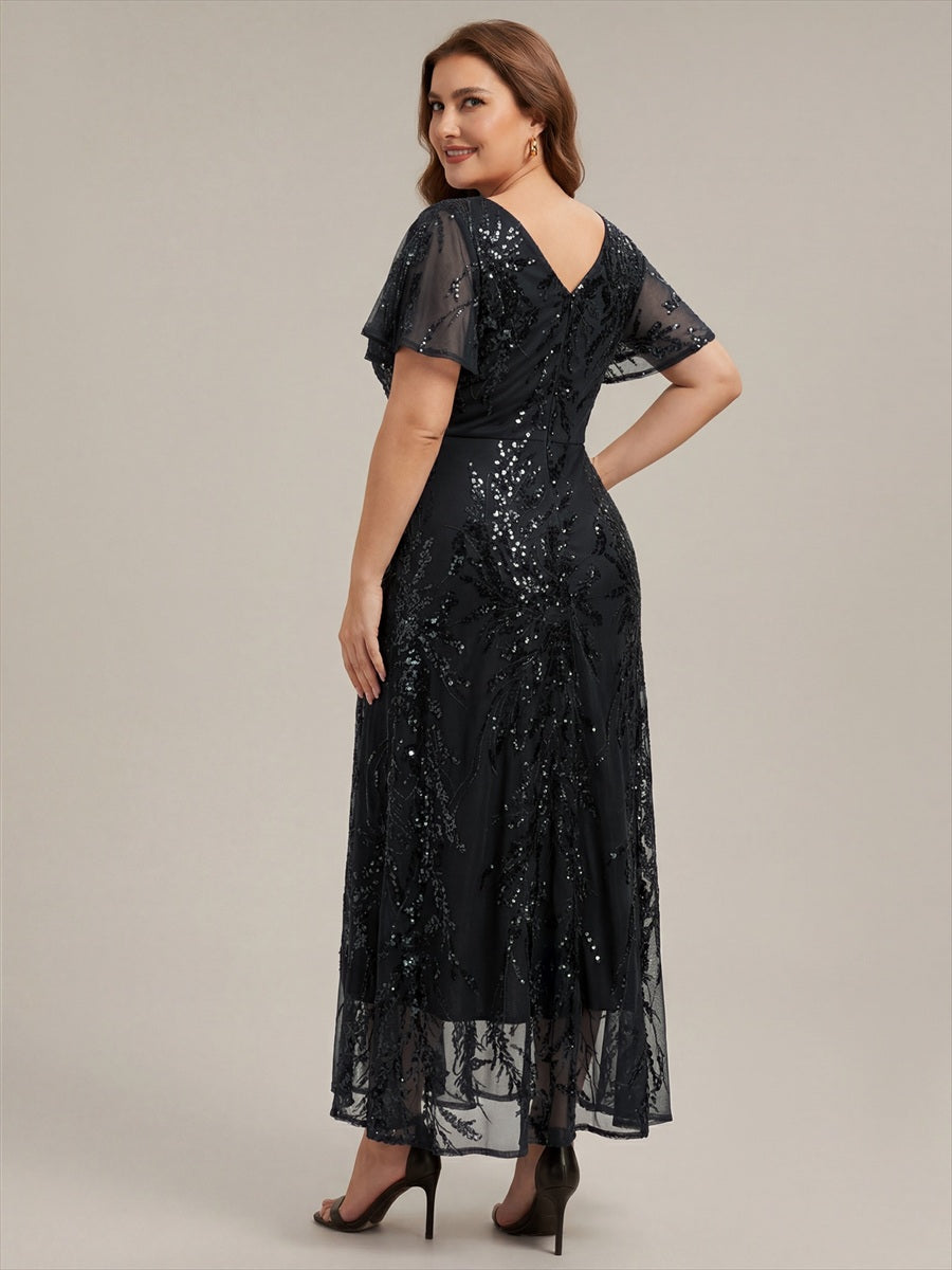 robe ¨¤ sequins ¨¤ encolure en V ¨¤ volants ¨¤ manches courtes avec un ourlet asym¨¦trique haute ¨¦lasticit¨¦ #Couleur_Noir