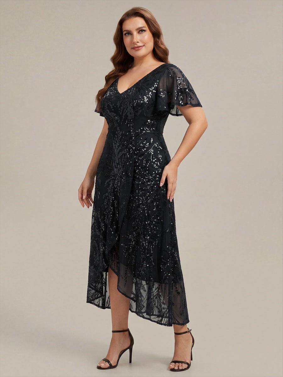 robe ¨¤ sequins ¨¤ encolure en V ¨¤ volants ¨¤ manches courtes avec un ourlet asym¨¦trique haute ¨¦lasticit¨¦ #Couleur_Noir