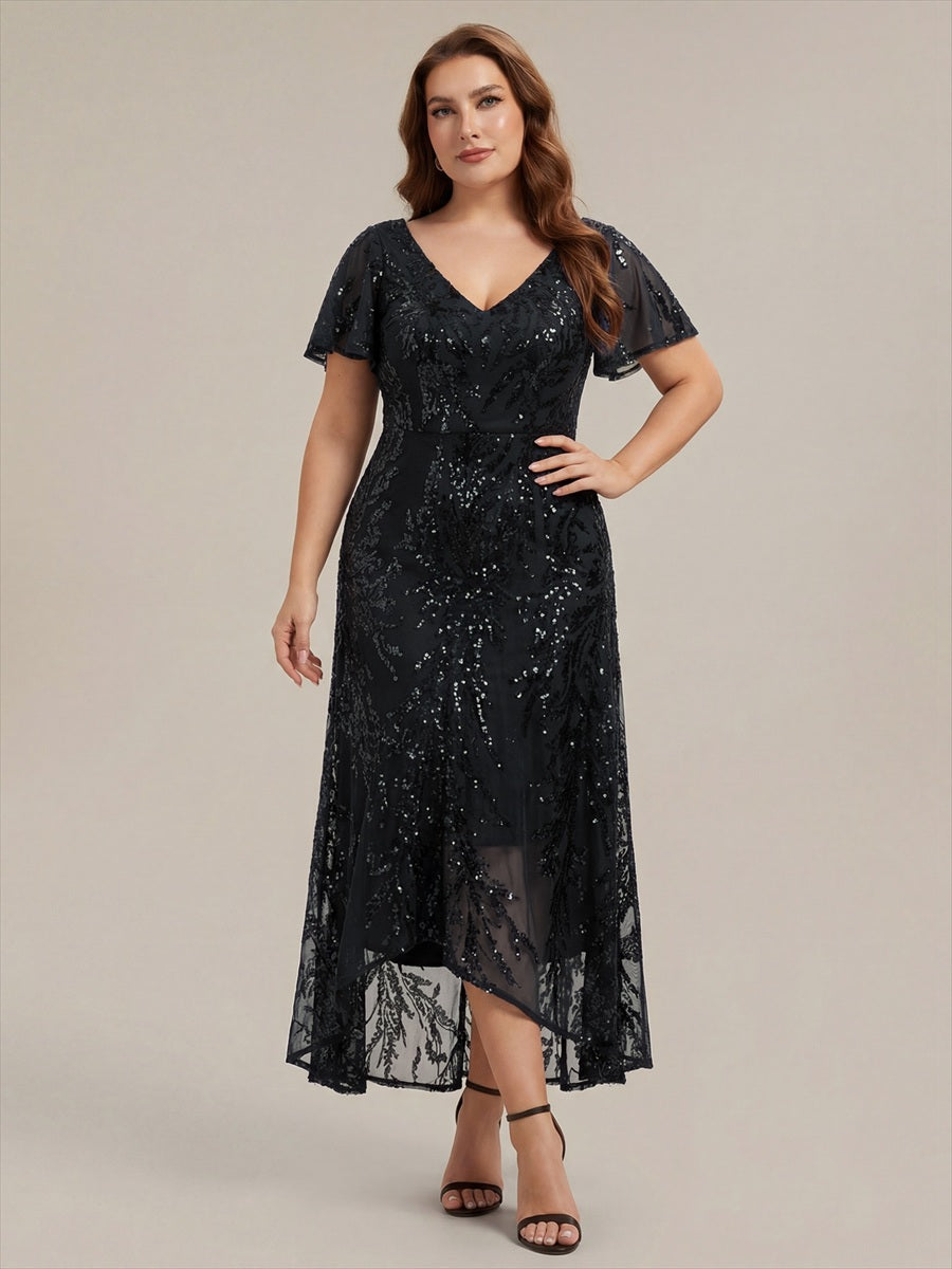 robe ¨¤ sequins ¨¤ encolure en V ¨¤ volants ¨¤ manches courtes avec un ourlet asym¨¦trique haute ¨¦lasticit¨¦ #Couleur_Noir