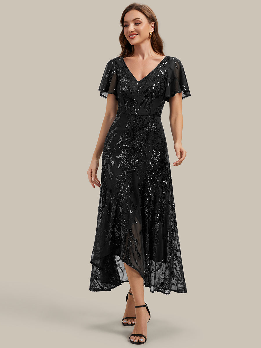 robe ¨¤ sequins ¨¤ encolure en V ¨¤ volants ¨¤ manches courtes avec un ourlet asym¨¦trique haute ¨¦lasticit¨¦ #Couleur_Noir