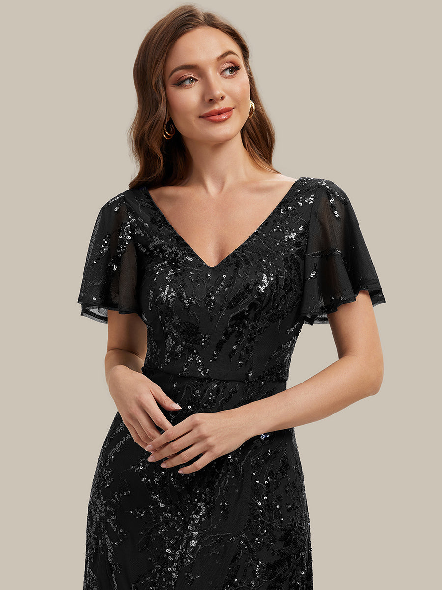 robe ¨¤ sequins ¨¤ encolure en V ¨¤ volants ¨¤ manches courtes avec un ourlet asym¨¦trique haute ¨¦lasticit¨¦ #Couleur_Noir