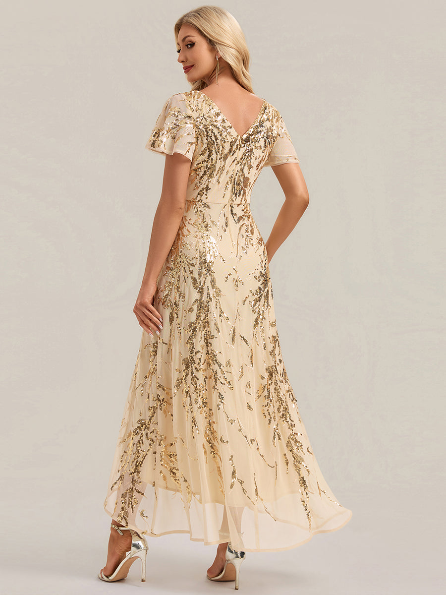 robe ¨¤ sequins ¨¤ encolure en V ¨¤ volants ¨¤ manches courtes avec un ourlet asym¨¦trique haute ¨¦lasticit¨¦ #Couleur_Dorée