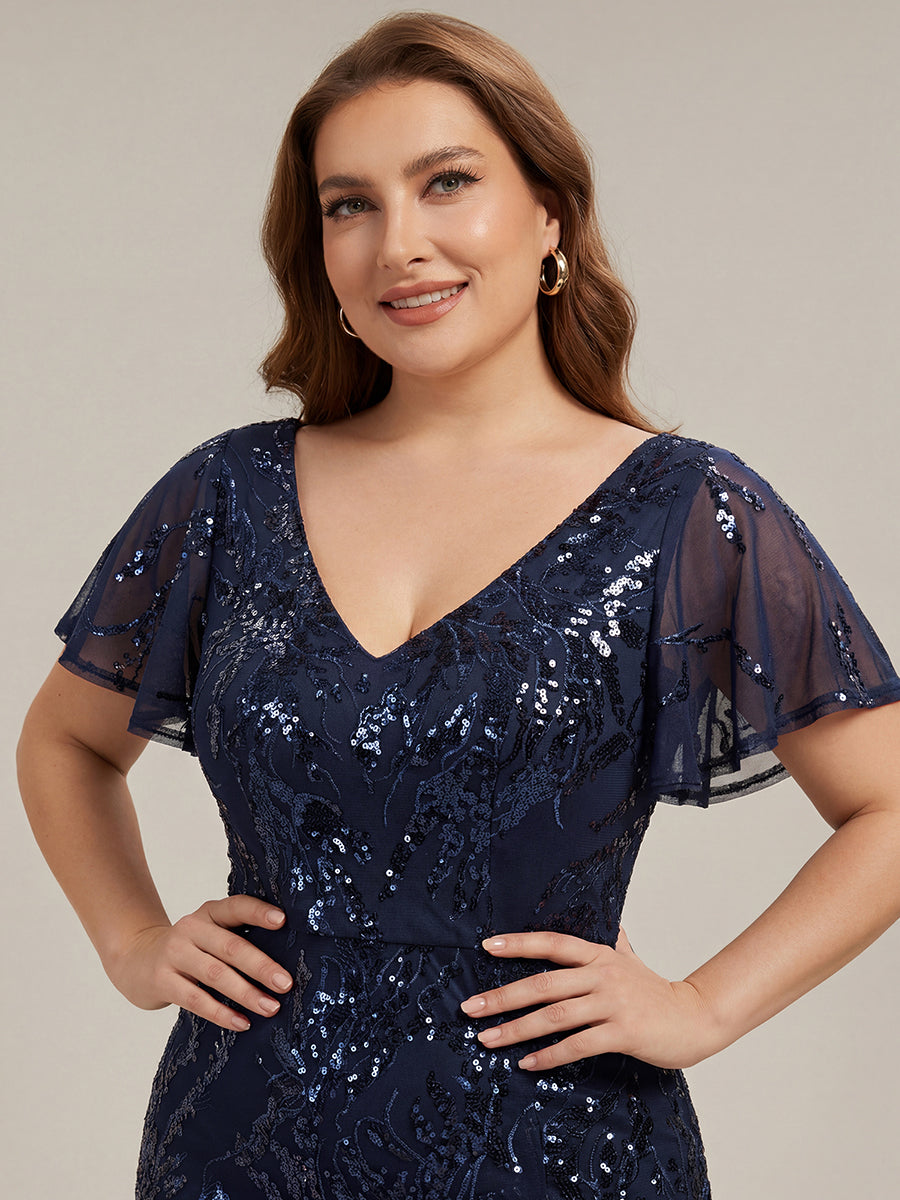 robe ¨¤ sequins ¨¤ encolure en V ¨¤ volants ¨¤ manches courtes avec un ourlet asym¨¦trique haute ¨¦lasticit¨¦ #Couleur_Bleu Marine
