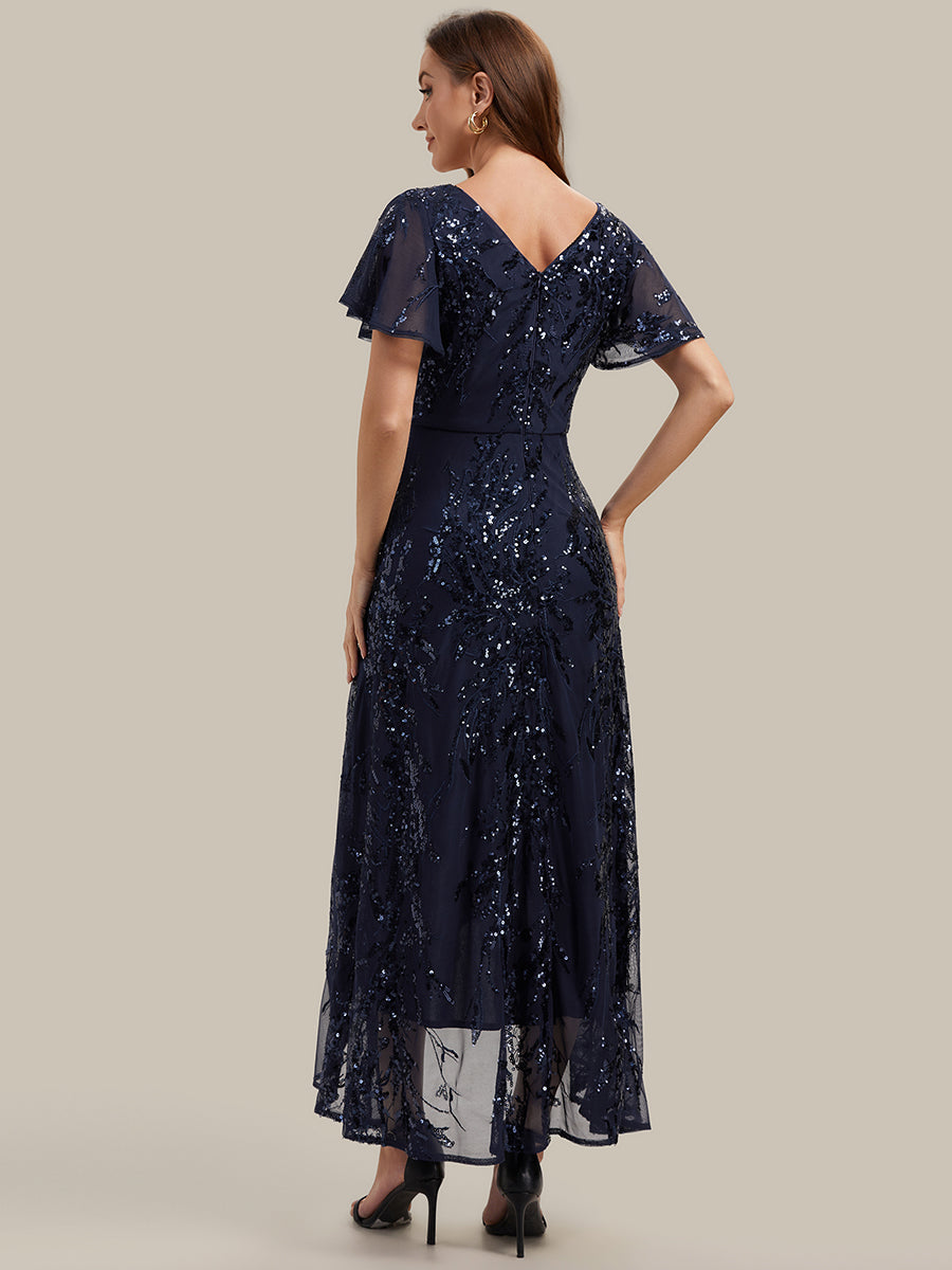 robe ¨¤ sequins ¨¤ encolure en V ¨¤ volants ¨¤ manches courtes avec un ourlet asym¨¦trique haute ¨¦lasticit¨¦ #Couleur_Bleu Marine
