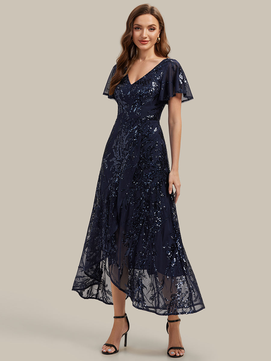 robe ¨¤ sequins ¨¤ encolure en V ¨¤ volants ¨¤ manches courtes avec un ourlet asym¨¦trique haute ¨¦lasticit¨¦ #Couleur_Bleu Marine