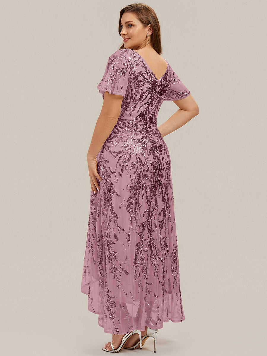 robe ¨¤ sequins ¨¤ encolure en V ¨¤ volants ¨¤ manches courtes avec un ourlet asym¨¦trique haute ¨¦lasticit¨¦ #Couleur_Orchidee