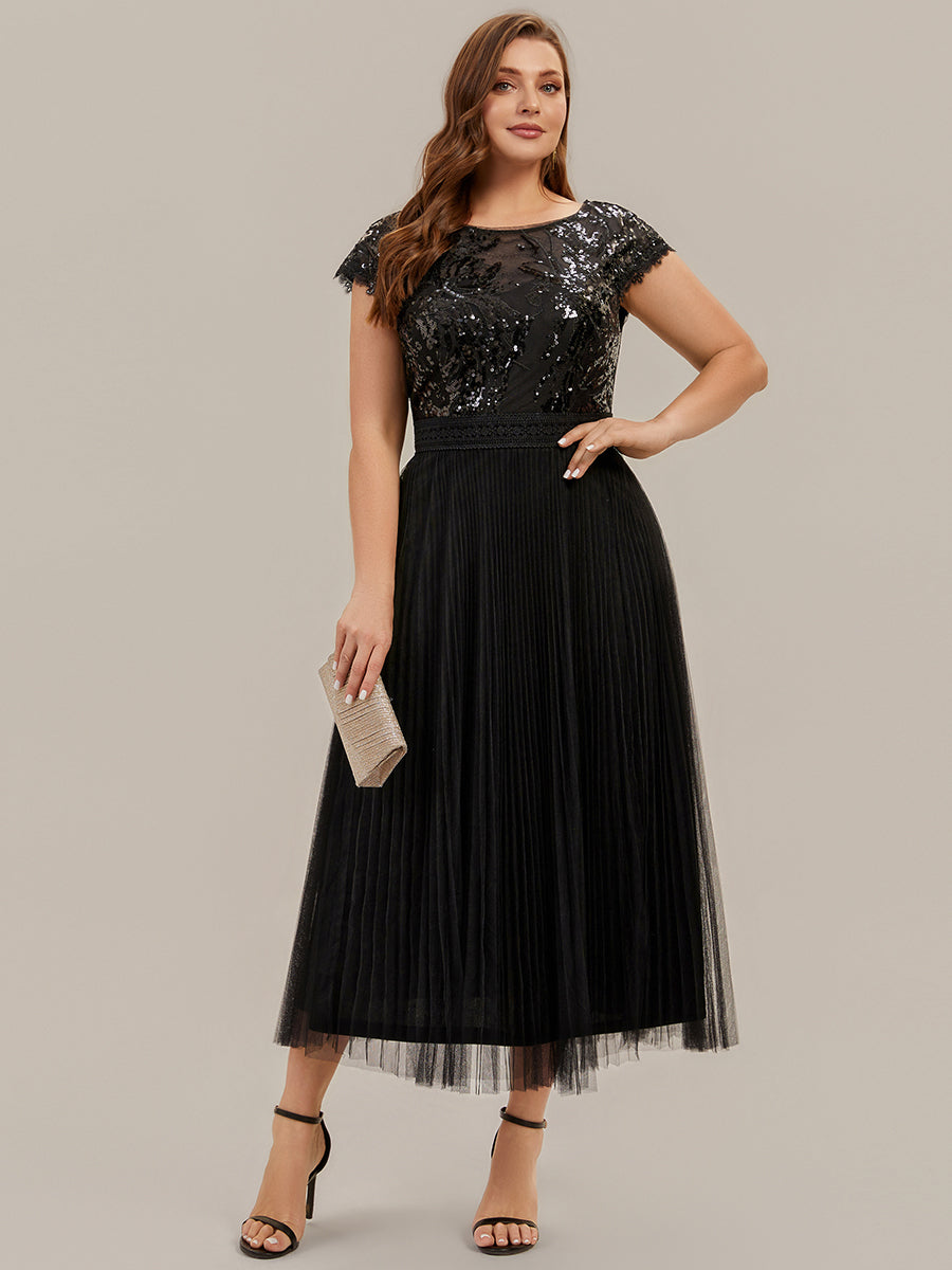 robe midi sans manches à sequins col rond en A #Couleur_Noir