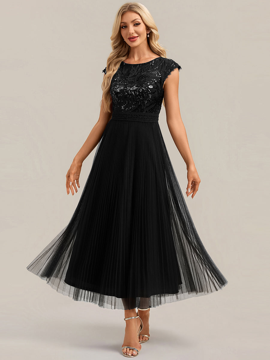 robe midi sans manches à sequins col rond en A #Couleur_Noir