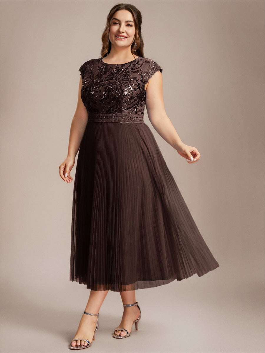 robe midi sans manches à sequins col rond en A #Couleur_Marron chocolat