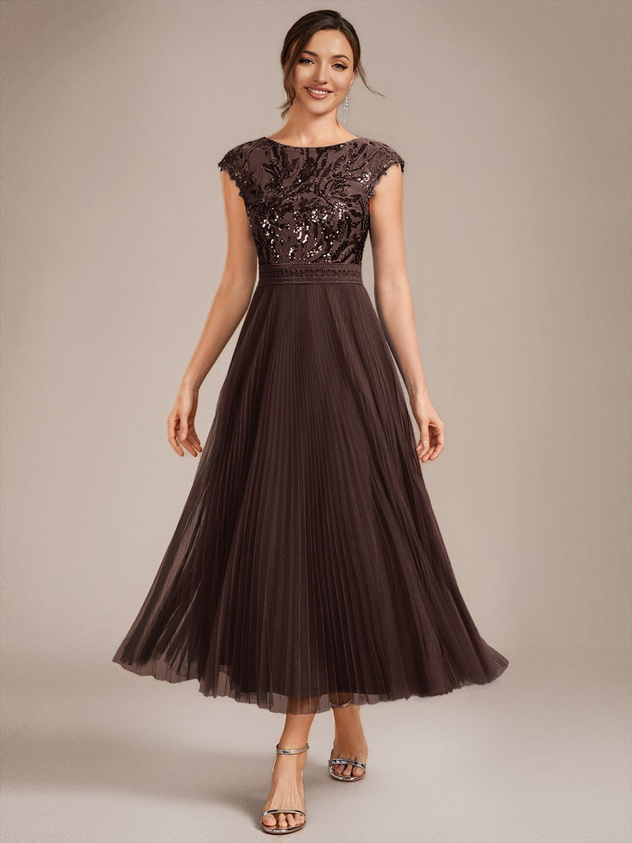 robe midi sans manches à sequins col rond en A #Couleur_Marron chocolat