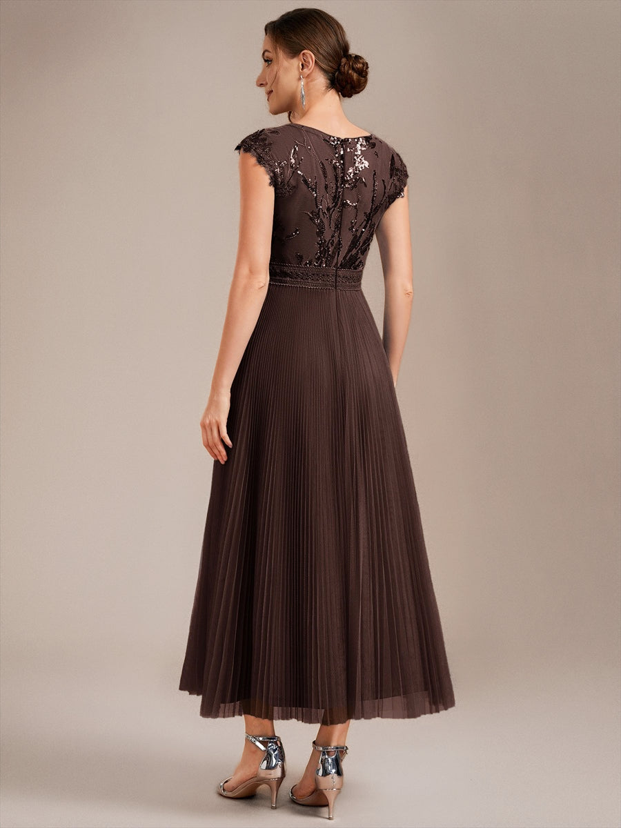 robe midi sans manches à sequins col rond en A #Couleur_Marron chocolat