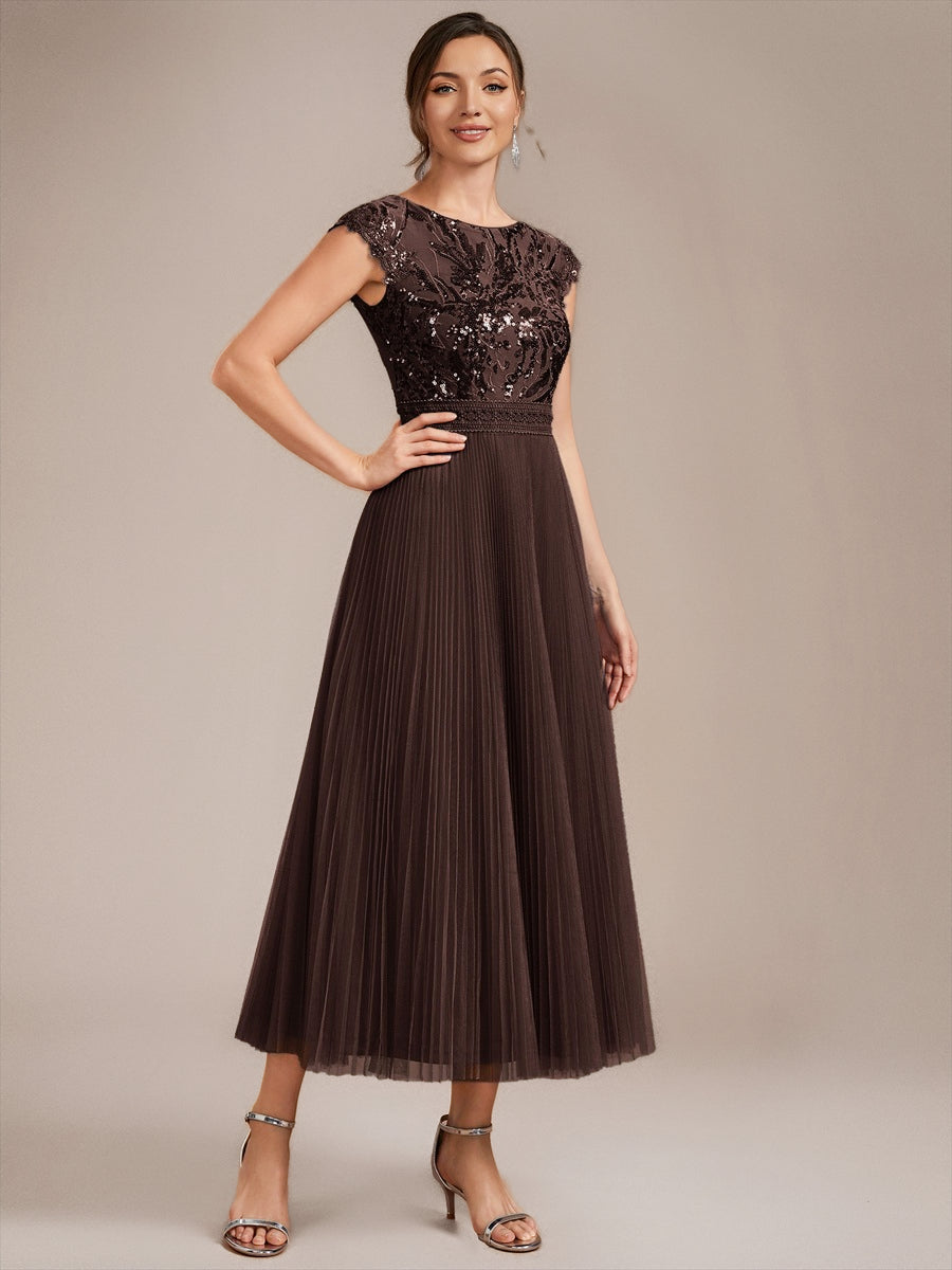robe midi sans manches à sequins col rond en A #Couleur_Marron chocolat