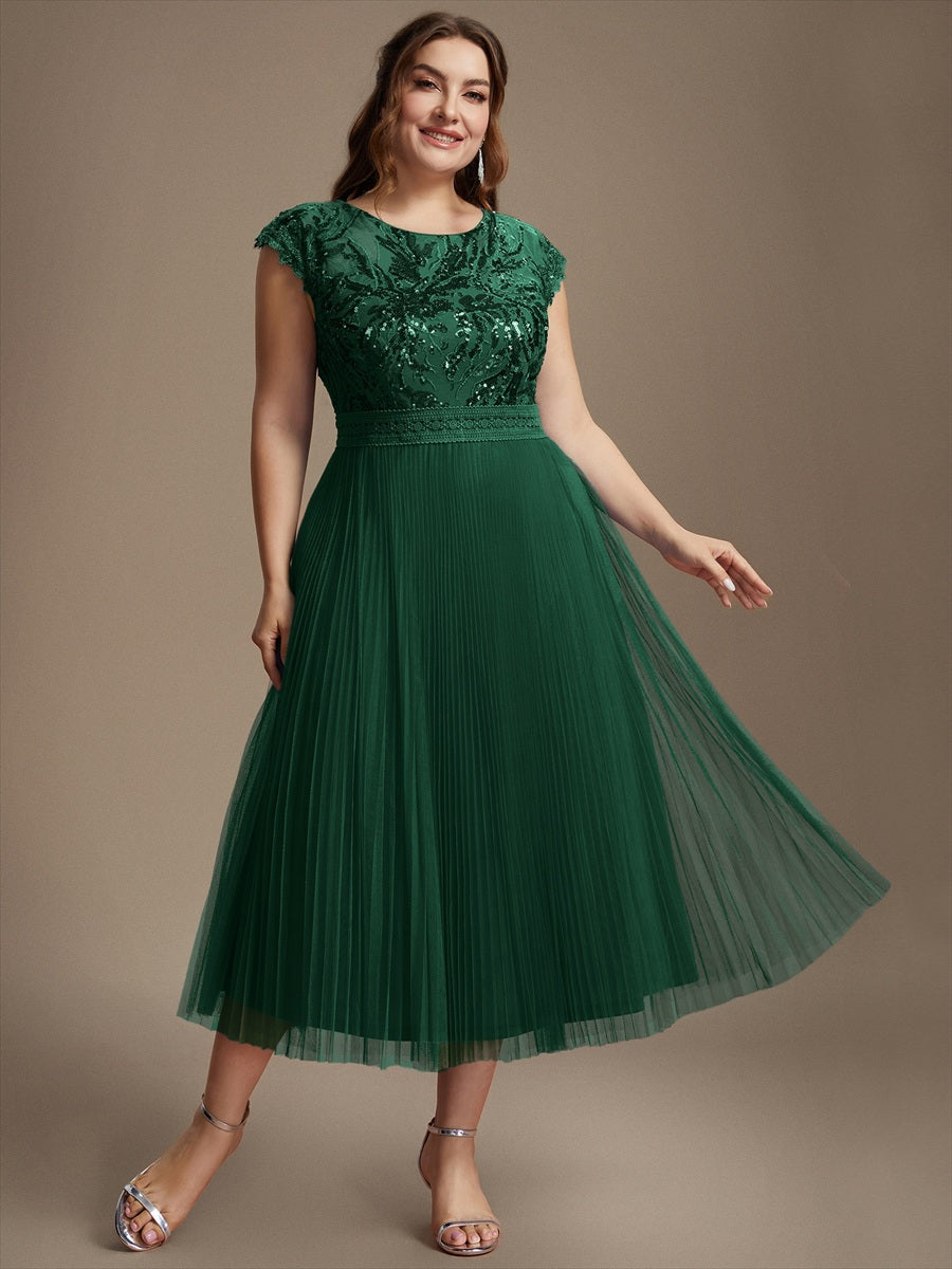 robe midi sans manches à sequins col rond en A #Couleur_Vert Fonce
