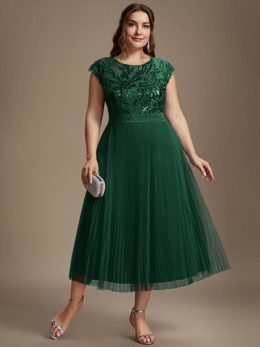robe midi sans manches à sequins col rond en A #Couleur_Vert Fonce