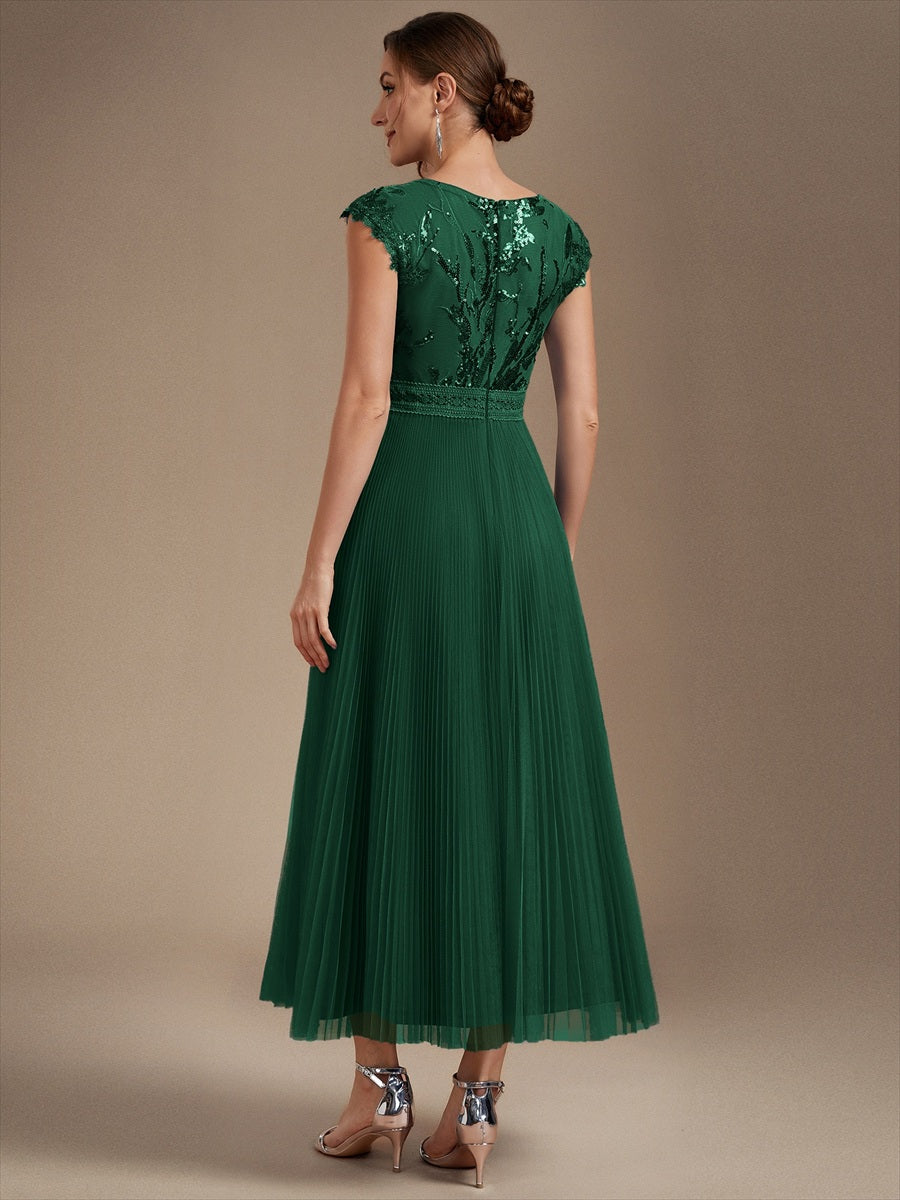 robe midi sans manches à sequins col rond en A #Couleur_Vert Fonce