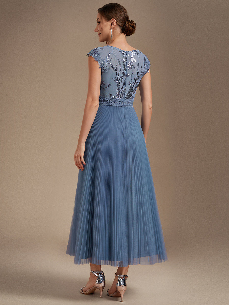 robe midi sans manches à sequins col rond en A #Couleur_Marine Fume