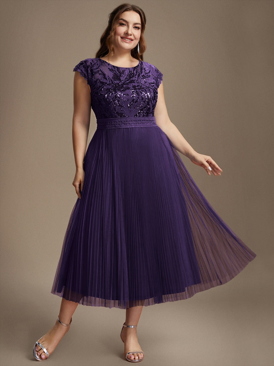 robe midi sans manches à sequins col rond en A #Couleur_Violet Fonce