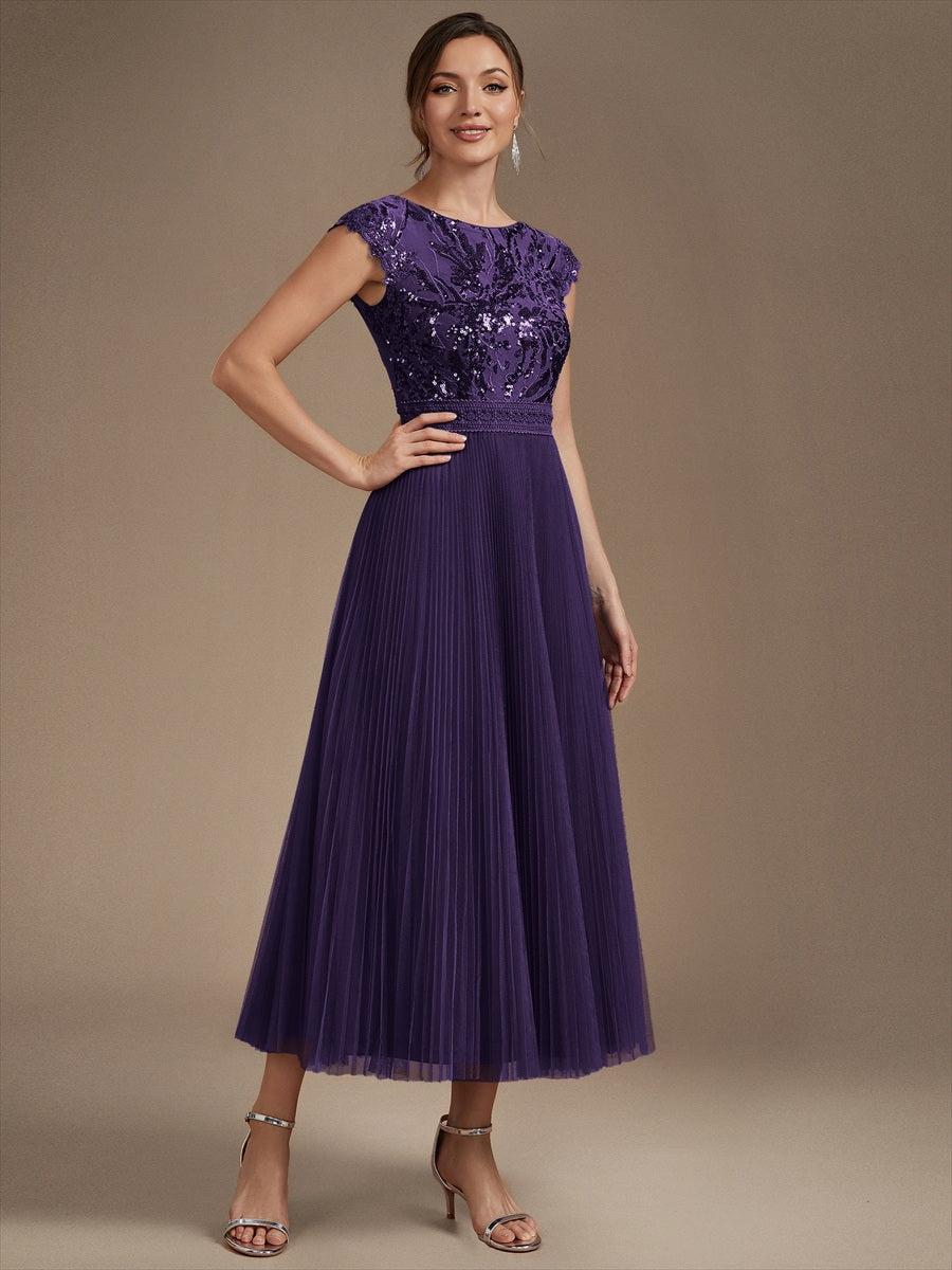 robe midi sans manches à sequins col rond en A #Couleur_Violet Fonce