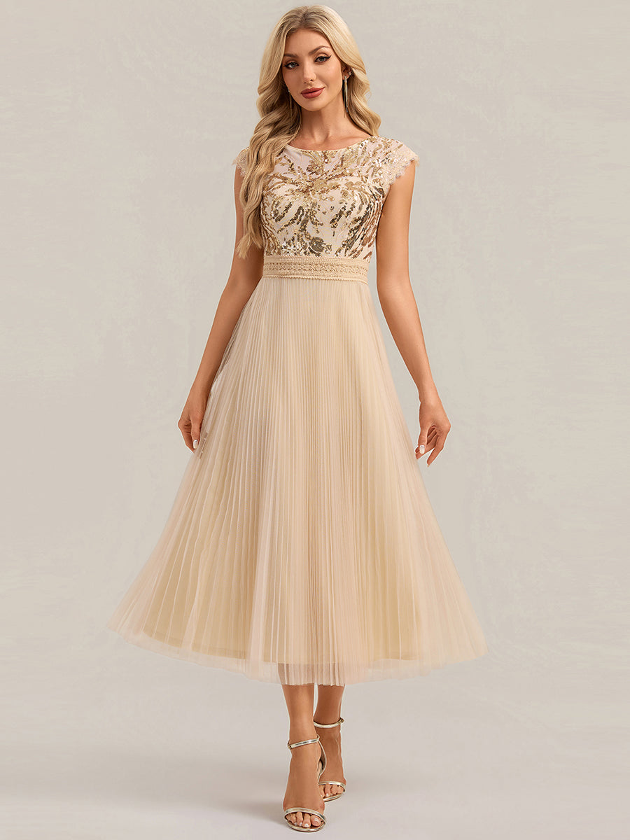 robe midi sans manches à sequins col rond en A #Couleur_Dorée