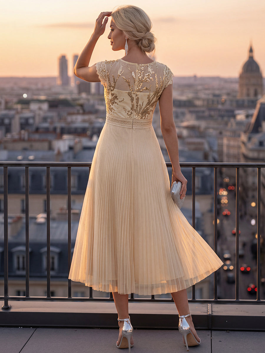 robe midi sans manches à sequins col rond en A #Couleur_Dorée