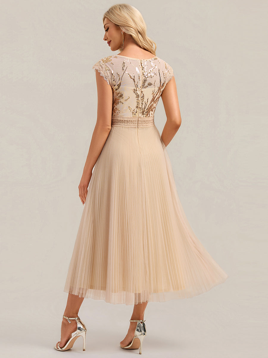 robe midi sans manches à sequins col rond en A #Couleur_Dorée