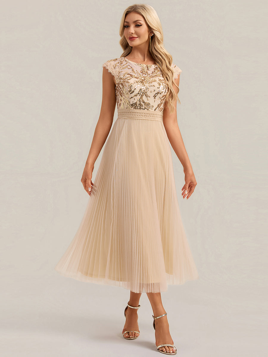 robe midi sans manches à sequins col rond en A #Couleur_Dorée