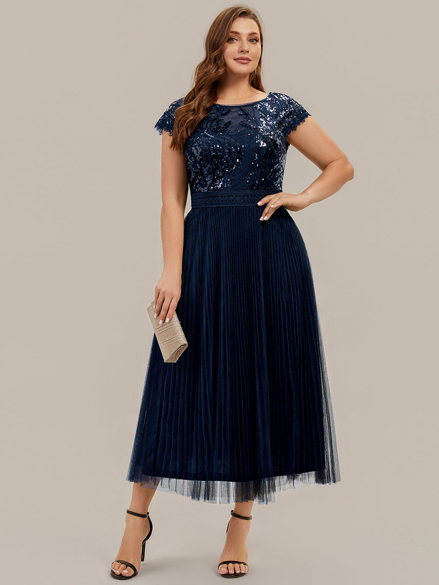 robe midi sans manches à sequins col rond en A #Couleur_Bleu Marine
