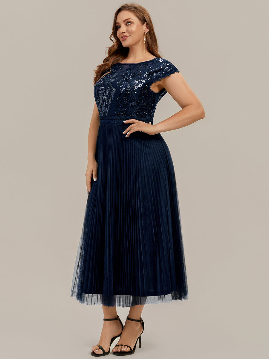 robe midi sans manches à sequins col rond en A #Couleur_Bleu Marine