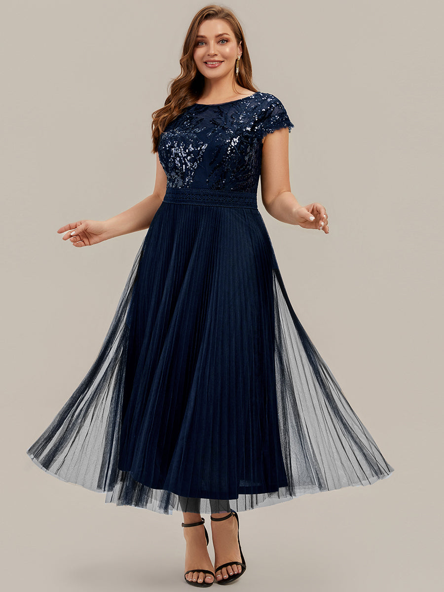 robe midi sans manches à sequins col rond en A #Couleur_Bleu Marine