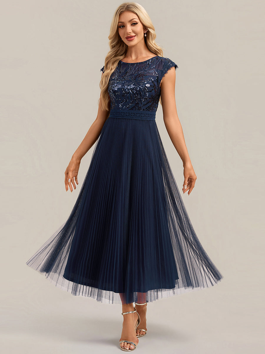 robe midi sans manches à sequins col rond en A #Couleur_Bleu Marine