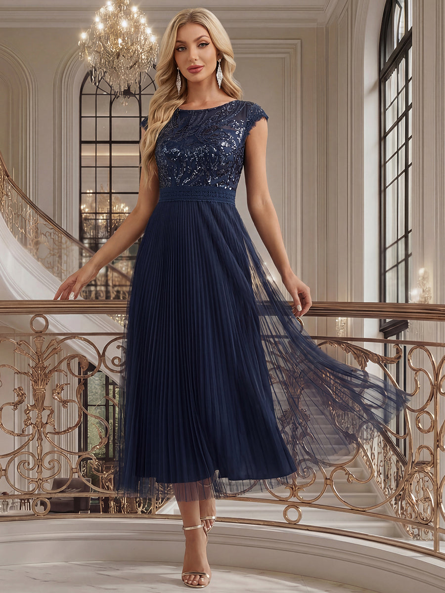 robe midi sans manches à sequins col rond en A #Couleur_Bleu Marine