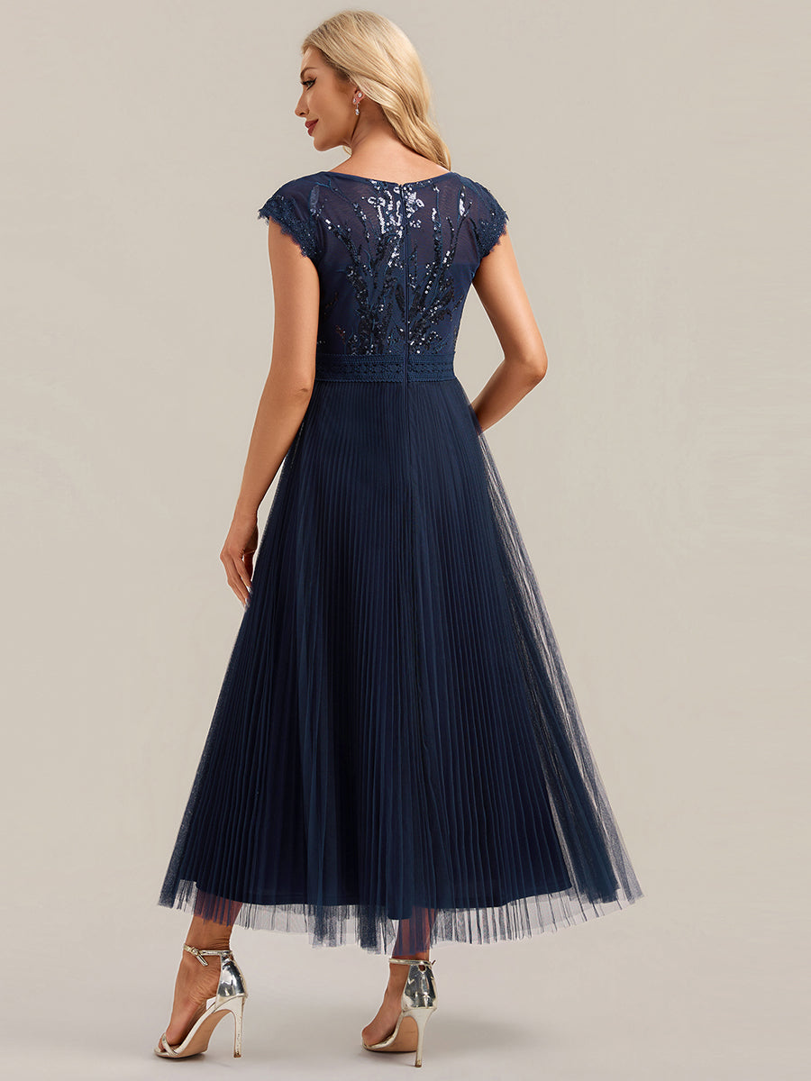 robe midi sans manches à sequins col rond en A #Couleur_Bleu Marine