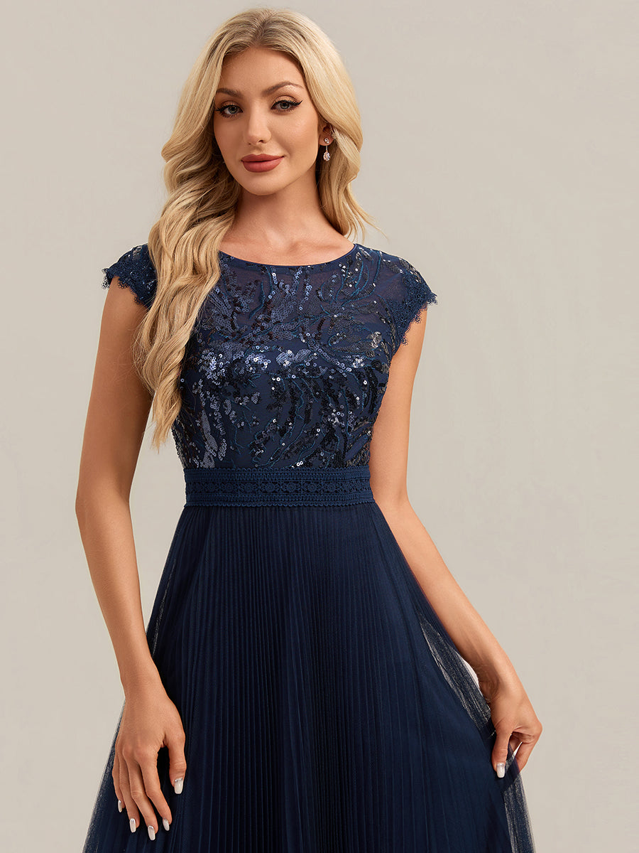 robe midi sans manches à sequins col rond en A #Couleur_Bleu Marine